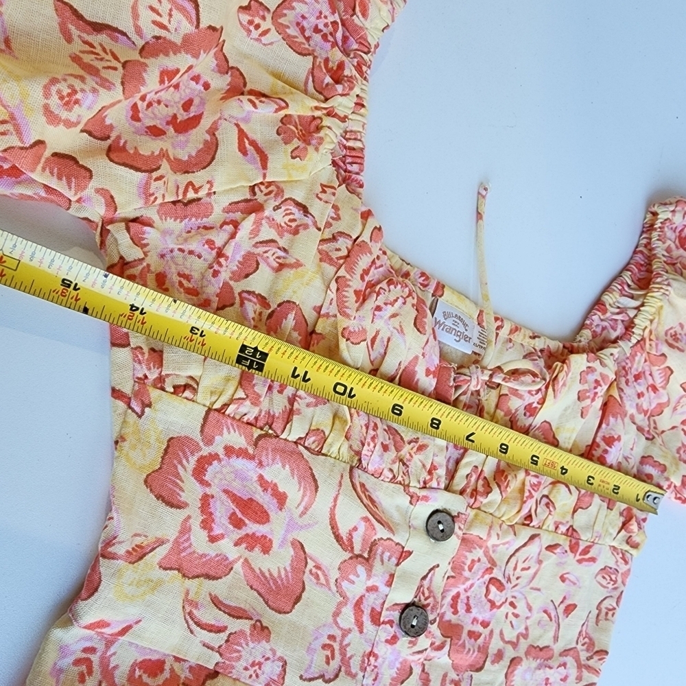 Billabong x Wrangler Dress Yellow Orange Linen Mini Floral Puff Sleeve Button XS - Picture 8 of 12